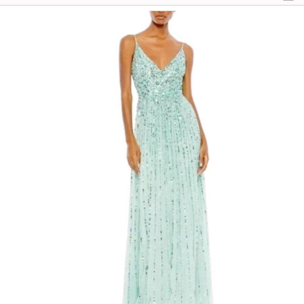 Mac Duggal 10928 Womens Size 16 Light Mint Green Sequined A Line Gown Maxi Dress